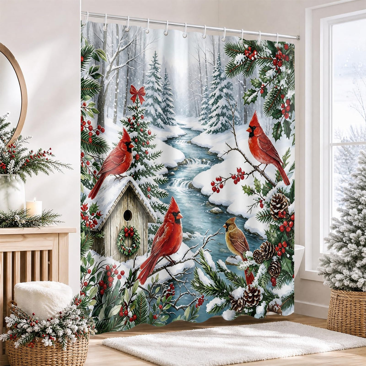 Visstree Shower Curtain, Red Cardinal Winter Scene, 71x71 Inch