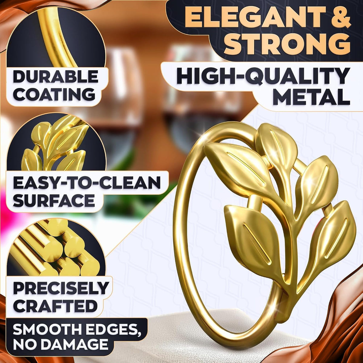 Leglo Napkin Rings, Gold Leaf Design, Set of 20
