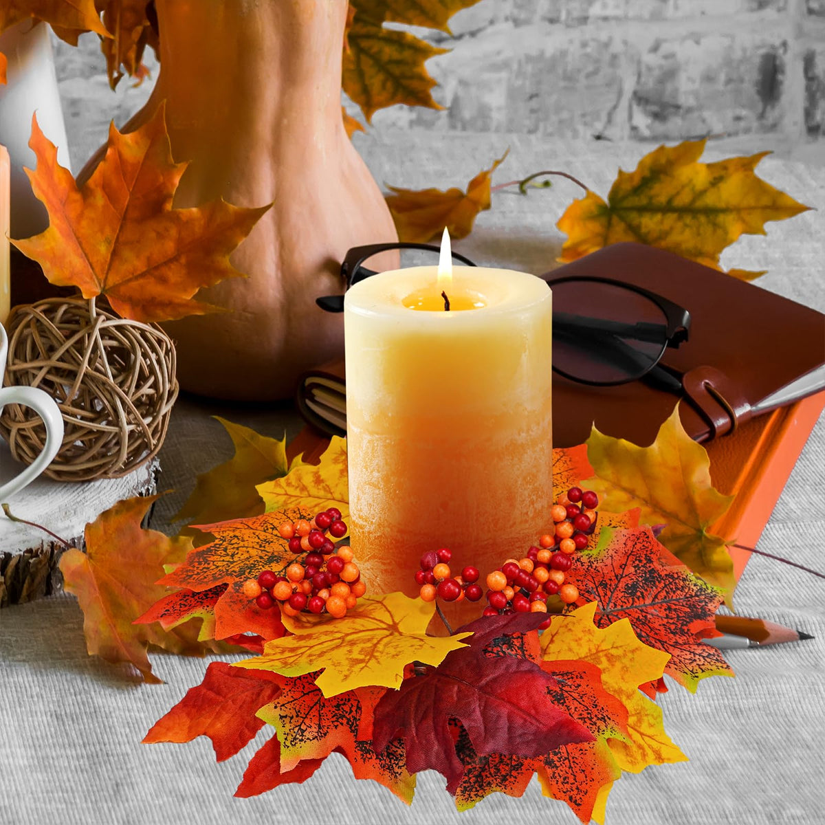 Winlyn Artificial Maple Leaf Candle Rings, 11 Inch Diameter, Set of 4
