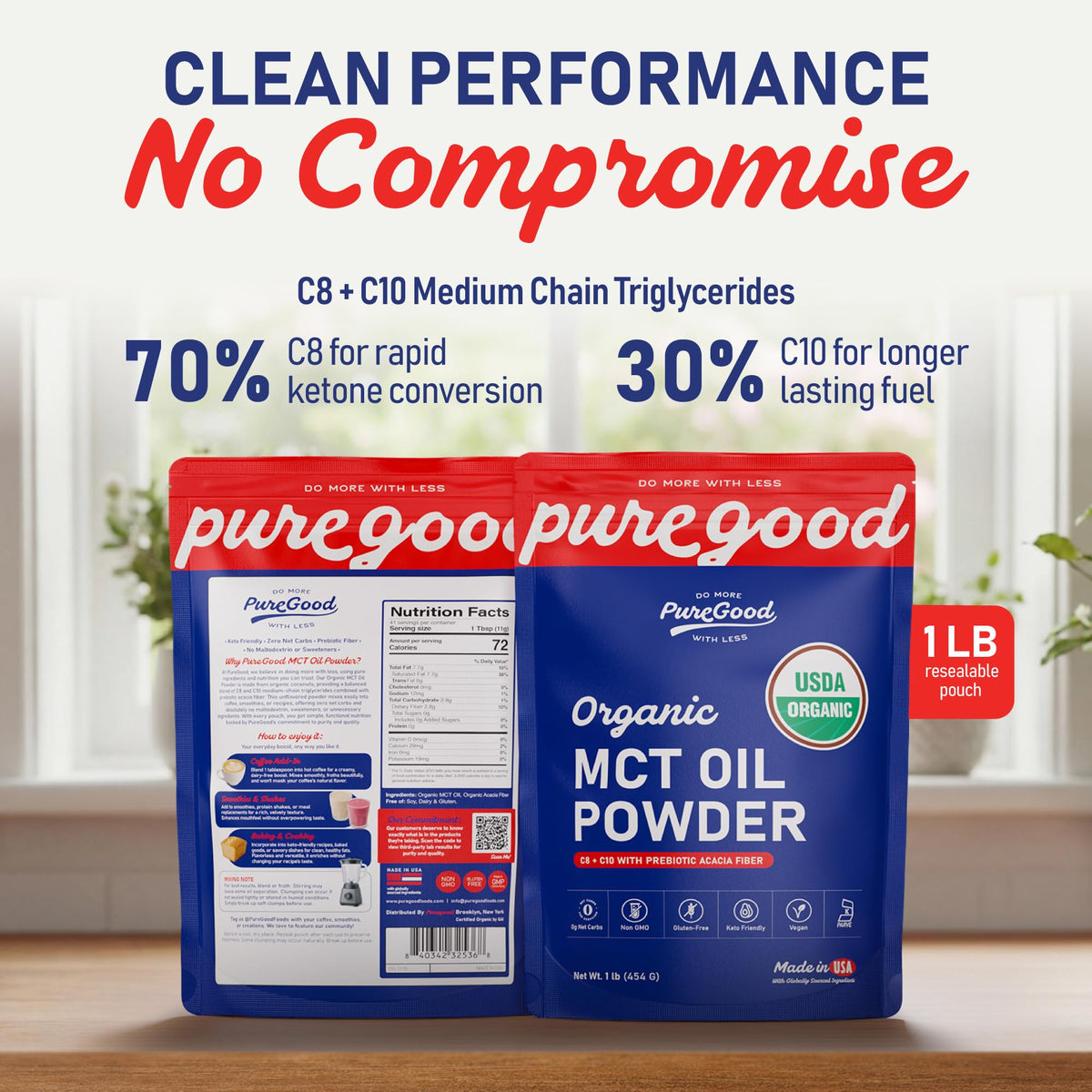 Organic MCT Oil Powder with Prebiotic Fiber (2 Pack) by PureGood – 8 Ounce (Pack of 2), Blue, Pack of 2