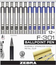 Zebra Pen F-301 Retractable Ballpoint Pen, Stainless Steel Barrel, Fine Point 0.7mm, Non-Slip Grip, 6 Black & 6 Blue, Pack of 12