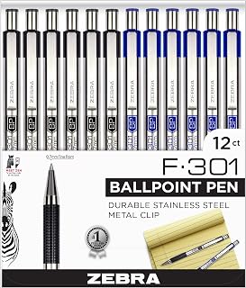 Zebra Pen F-301 Retractable Ballpoint Pen, Stainless Steel Barrel, Fine Point 0.7mm, Non-Slip Grip, 6 Black & 6 Blue, Pack of 12
