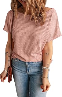 Womens Basic T Shirts Summer Tops 2026 Short Sleeve Casual Loose fit Waffle Tops Boat Neck Tee