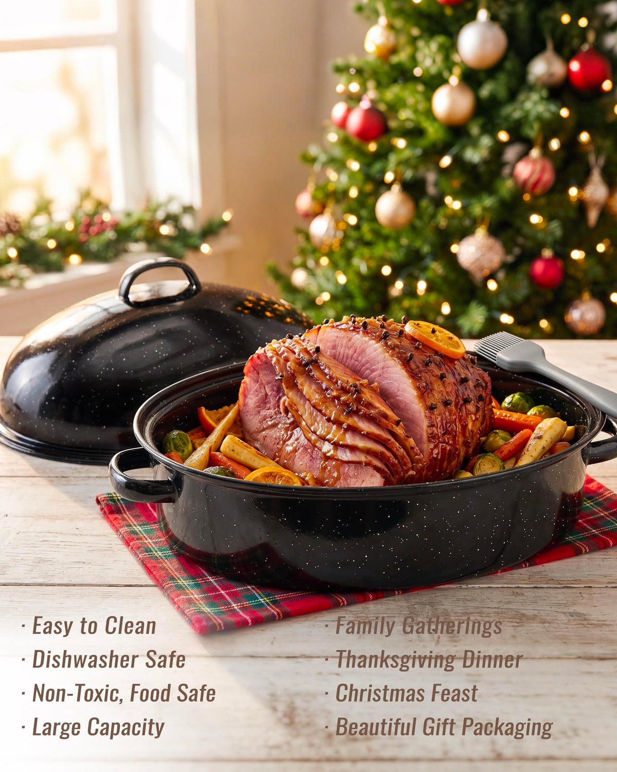 MCCSI Enamel Roasting Pan with Lid and Rack, 18 Inch Oval, Black Granite