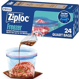 Ziploc Quart Food Storage Freezer Bags, Stand-Up Bottom, Easy to Fill, 24 Count