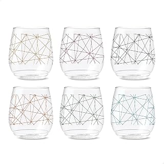 TOSSWARE POP 14oz Vino Designer Series - Lines 2, SET OF 6, Premium Quality, Recyclable, Unbreakable & Crystal Clear Plastic Printed Glasses