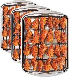 Nordic Ware Oven Crisp Baking Tray 2pc Set Includes Pan and Rack; Natural Aluminum For Air Frying,Crisping,Broiling,Baking; Cooking Surface 17 x 12 Inches,(Pack of 3)