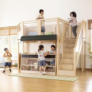 Guidecraft Café Loft: Kids Wooden Indoor Pretend Play Kitchen and Climber Activity Center with Stove, Sink, Storage and Chalkboard for Toddlers - Children Learning Toy Furniture