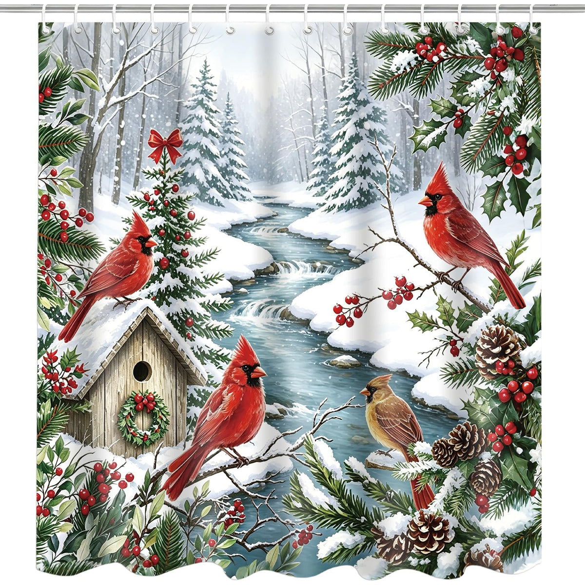 Visstree Shower Curtain, Red Cardinal Winter Scene, 71x71 Inch