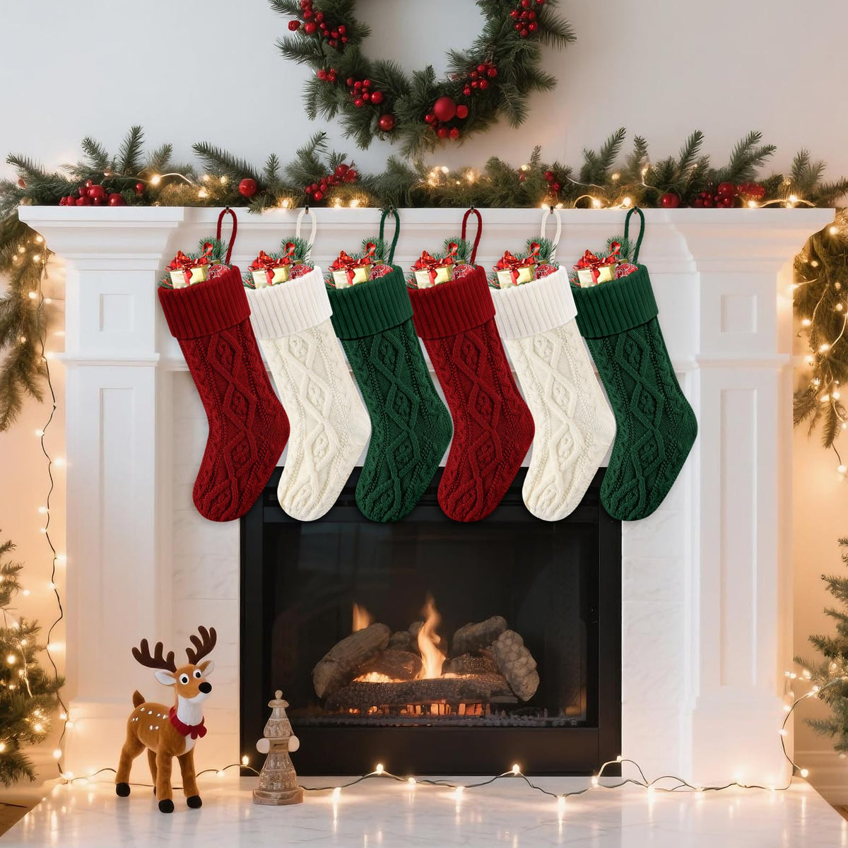 Doitory Christmas Stockings, Knitted Acrylic, 6 Pack in Red White Green