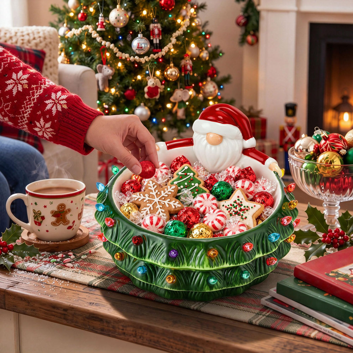 Saillong Ceramic Gnome Candy Bowl, 44 Oz, Holiday Design