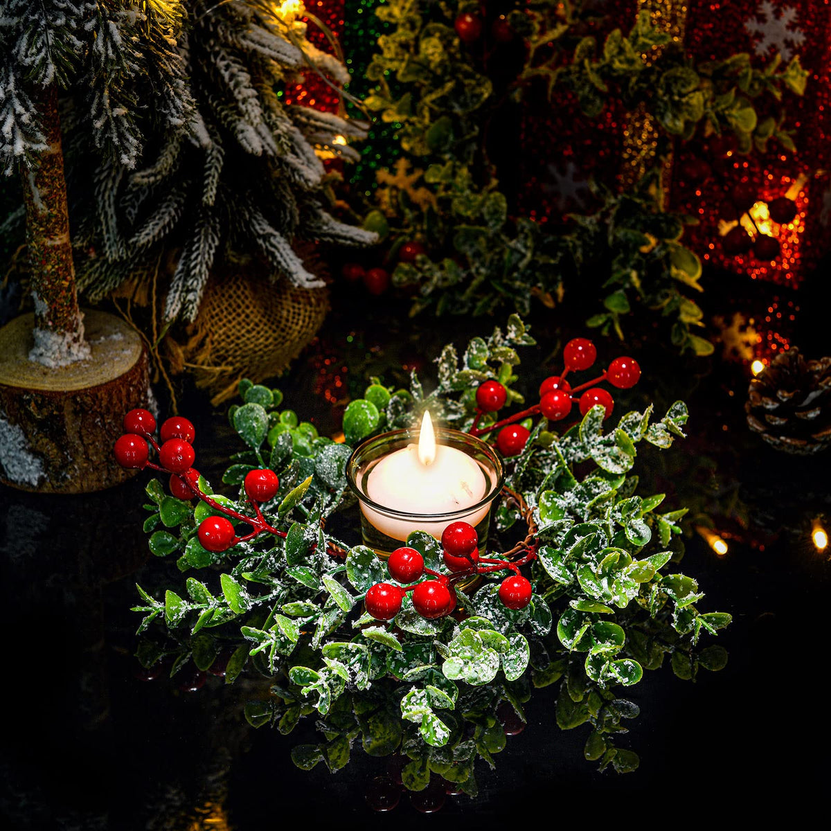 Willbond Christmas Candle Rings, 9 Inch Diameter with Berry Greenery, Set of 12