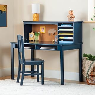 Guidecraft Kids Media Desk and Chair Set - Navy: Student's Workstation with Storage, Wooden Writing Table with Hutch and Shelves for Kids Bedroom, Boys Study Desk Set