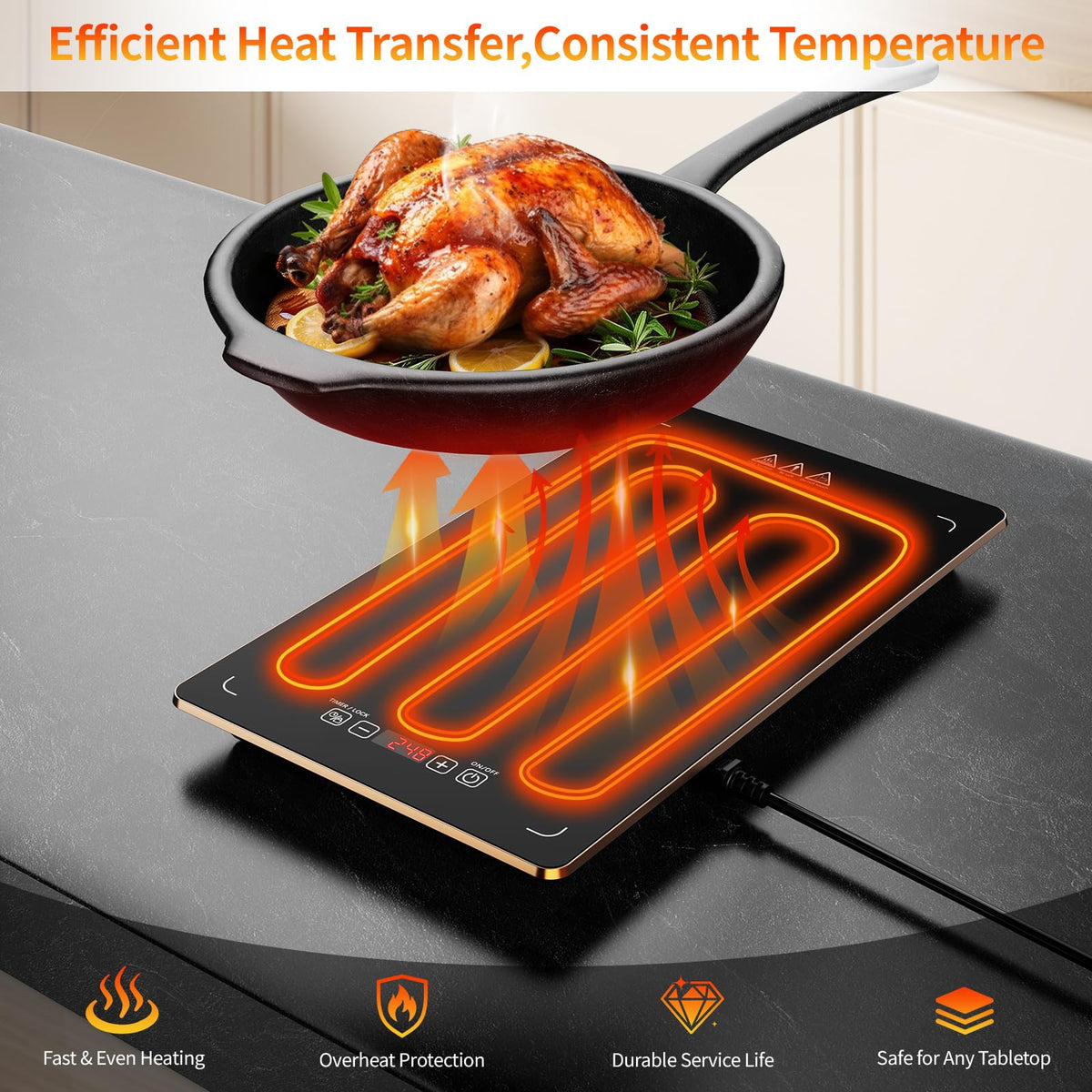 Hetorosu Modular Warming Tray, 33x15 Inch, Black Tempered Glass