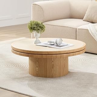 35" Contemporary Coffee Table, Round Coffee Table with sintered Stone top, Mesa De Centro para Sala with Stable Pedestal Base for Modern Apartment and Reception Areas, Natural