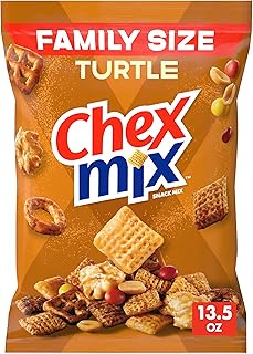 Chex Mix Turtle Snack Mix, Family Size, 13.5 oz | Corn, Caramel & Cocoa Chex, Pretzels, Caramel Popcorn, Chocolatey Pieces, Peanuts, 50% Less Fat than Potato Chips