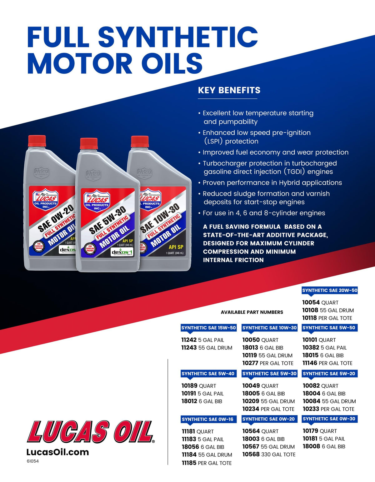 10101 Synthetic SAE 5W-50 Motor Oil - 1 Quart (Pack of 6) by Lucas Oil – 1 Quart Bottle, Pack of 6, Model LUCA10101-6PK