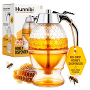 Hunnibi Honey Dispenser, 8 Oz Glass With Plastic Top, Honeycomb Design
