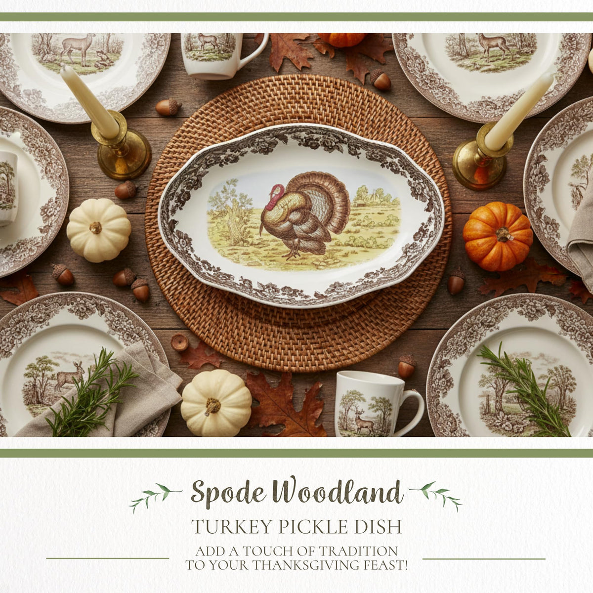 Spode Woodland Turkey Pickle Dish, 8.5 Inch Porcelain, Brown White