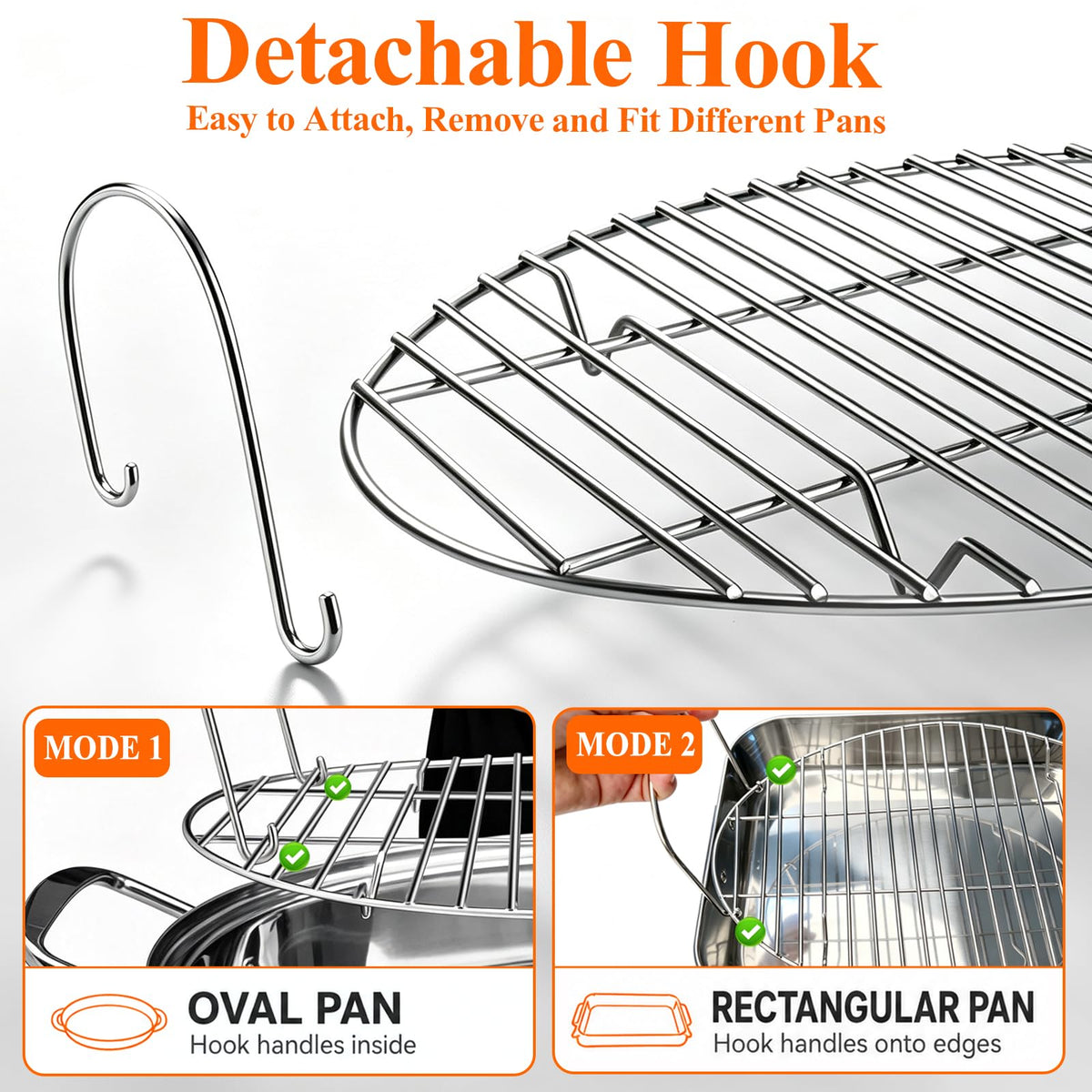DePango Oval Roasting Rack, Stainless Steel with Handle, 16.5 x 11.5 x 5.5 Inch