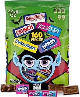 Butterfinger CRUNCH Baby Ruth, Nerds, SweetTarts, Minis, Fun Size Assorted Candy, Bulk 160 Count Variety Pack, 44.8 oz