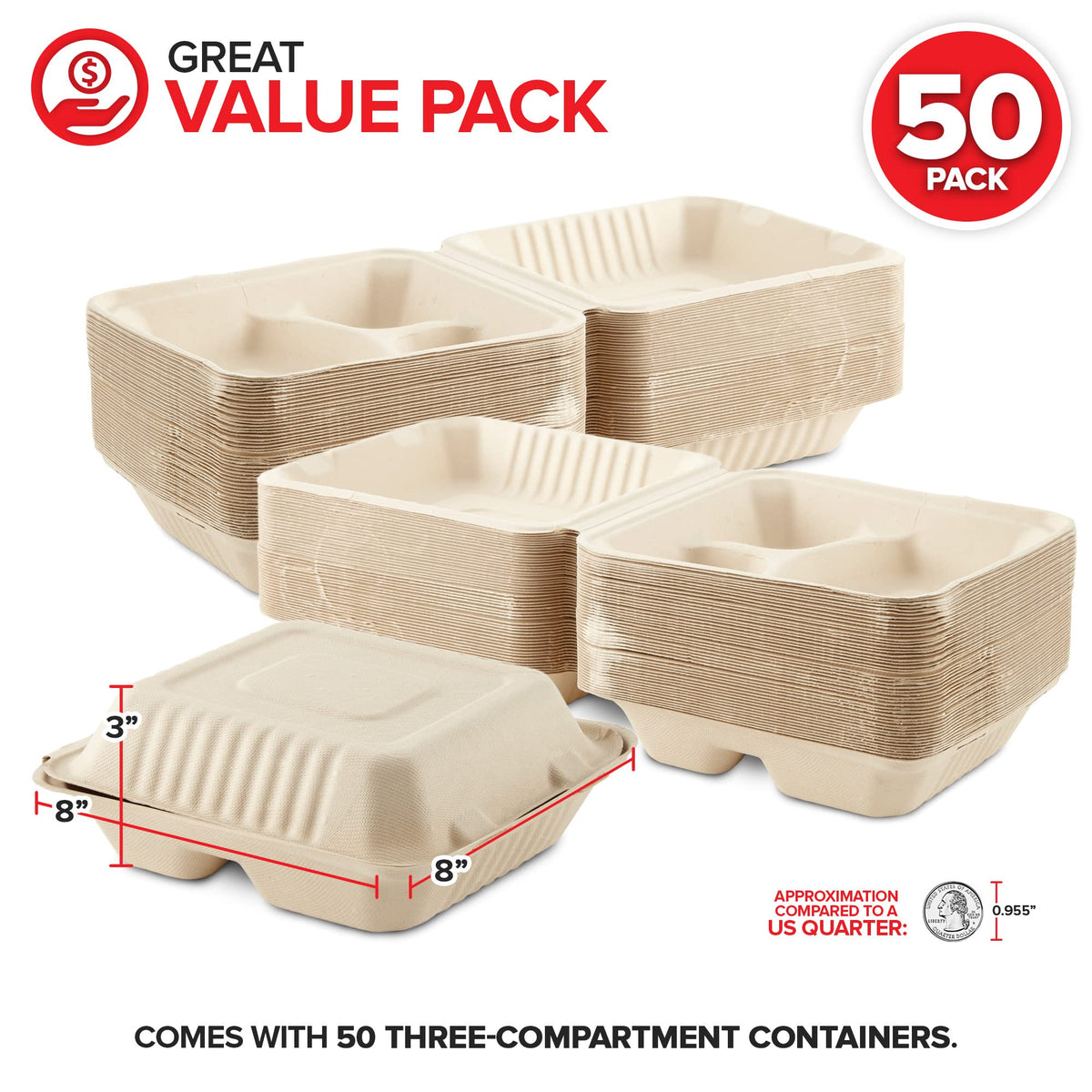 Stock Your Home 8x8 / Kraft / 50 Clamshell Take Out Containers