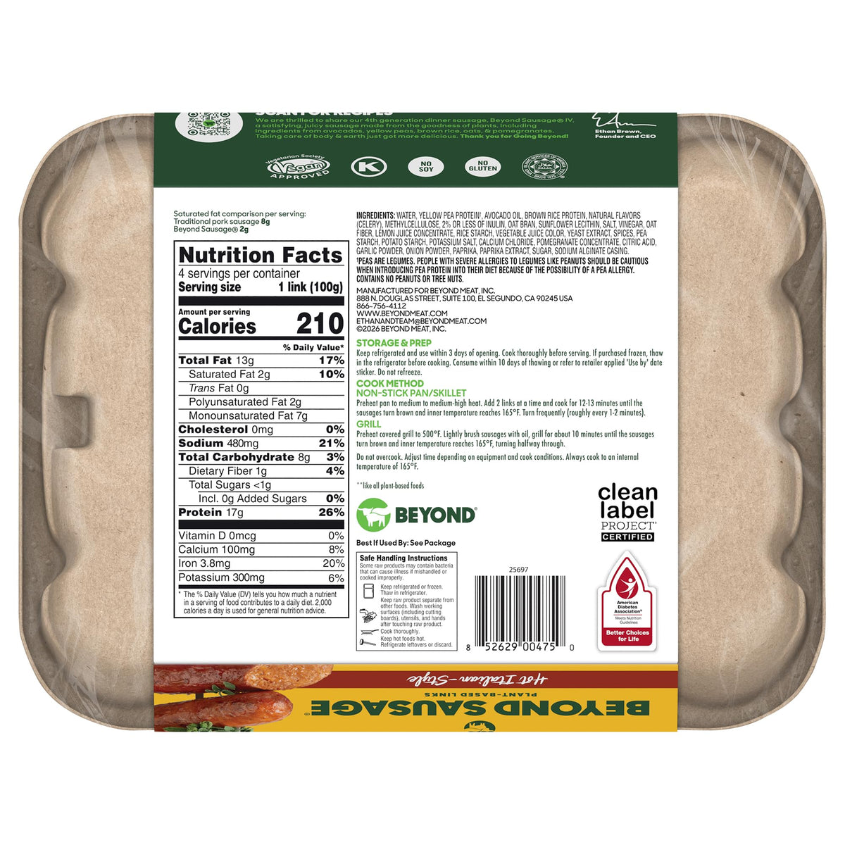 Alternative Meat Sausage Hot Italian, 14 Ounce by BEYOND MEAT – 14 Ounce (1-Pack), Reddish-orange