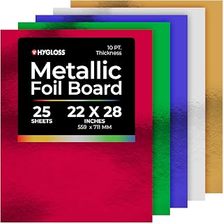 Hygloss Products Metallic Cardstock Sheets - 25 Sheets, 22” x 28” - 5 Assorted Colors - Sturdy 10 pt. - Foil Paper for Crafts, Scrapbooking, Posters & Decorations