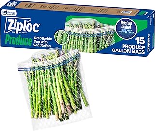 Ziploc Food Storage Produce Bags, Seal Top to Keep and Control Moisture, 15 Bags Total