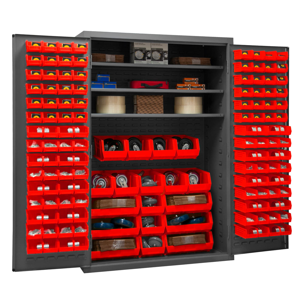 Lockable Cabinet with 138 Yellow Hook-On Bins by Durham – Blend, Yellow,gray, Model 3502-138-3S-1795