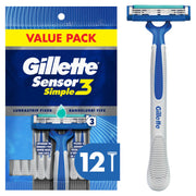 Sensor3 Simple Men’s Disposable Razors by Gillette – 12 Count (Pack of 1), Rubber, Blue