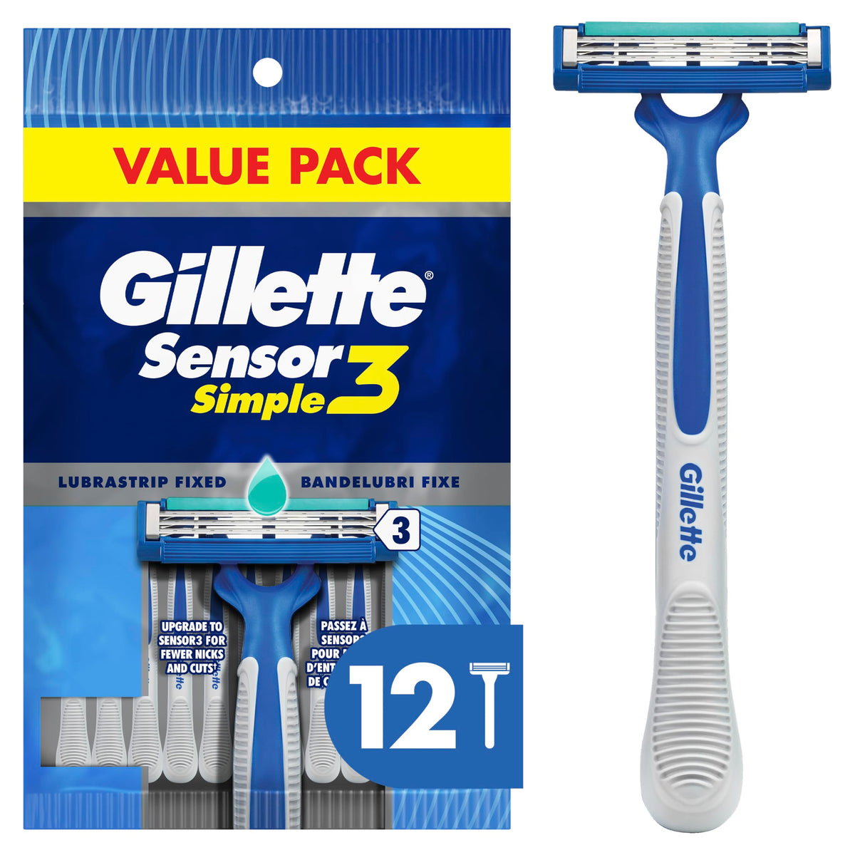 Sensor3 Simple Men’s Disposable Razors by Gillette – 12 Count (Pack of 1), Rubber, Blue