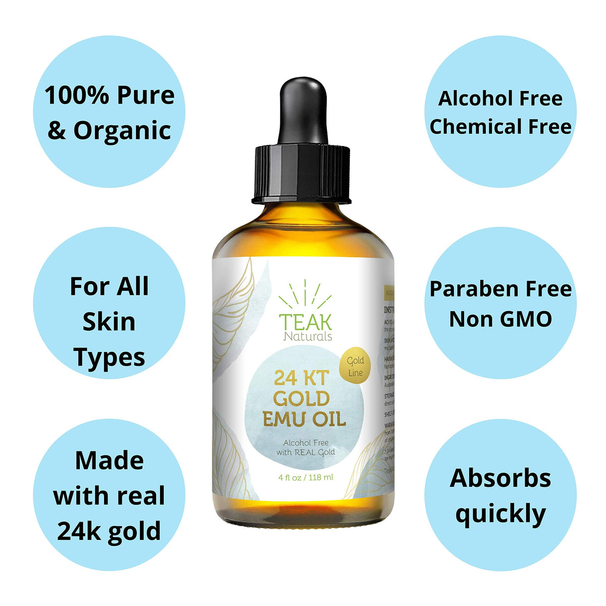 24K Gold Emu Oil by Teak Naturals – 4 Fl Oz (Pack of 1), teak, Gold,Teak