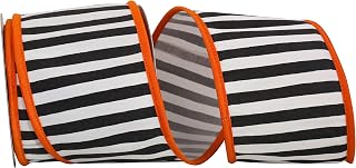 Reliant Ribbon Railroad Stripesd Deluxe Folded Orange Heavy Wired Edge Ribbon, 4 Inch X 10 Yards, Black/white