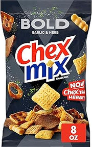 Chex Mix Bold Garlic & Herb Snack Mix, 8 oz | Corn & Wheat Chex, Rye Chips, Mini Breadsticks, 2 Kinds of Pretzels, 50% Less Fat than Regular Potato Chips