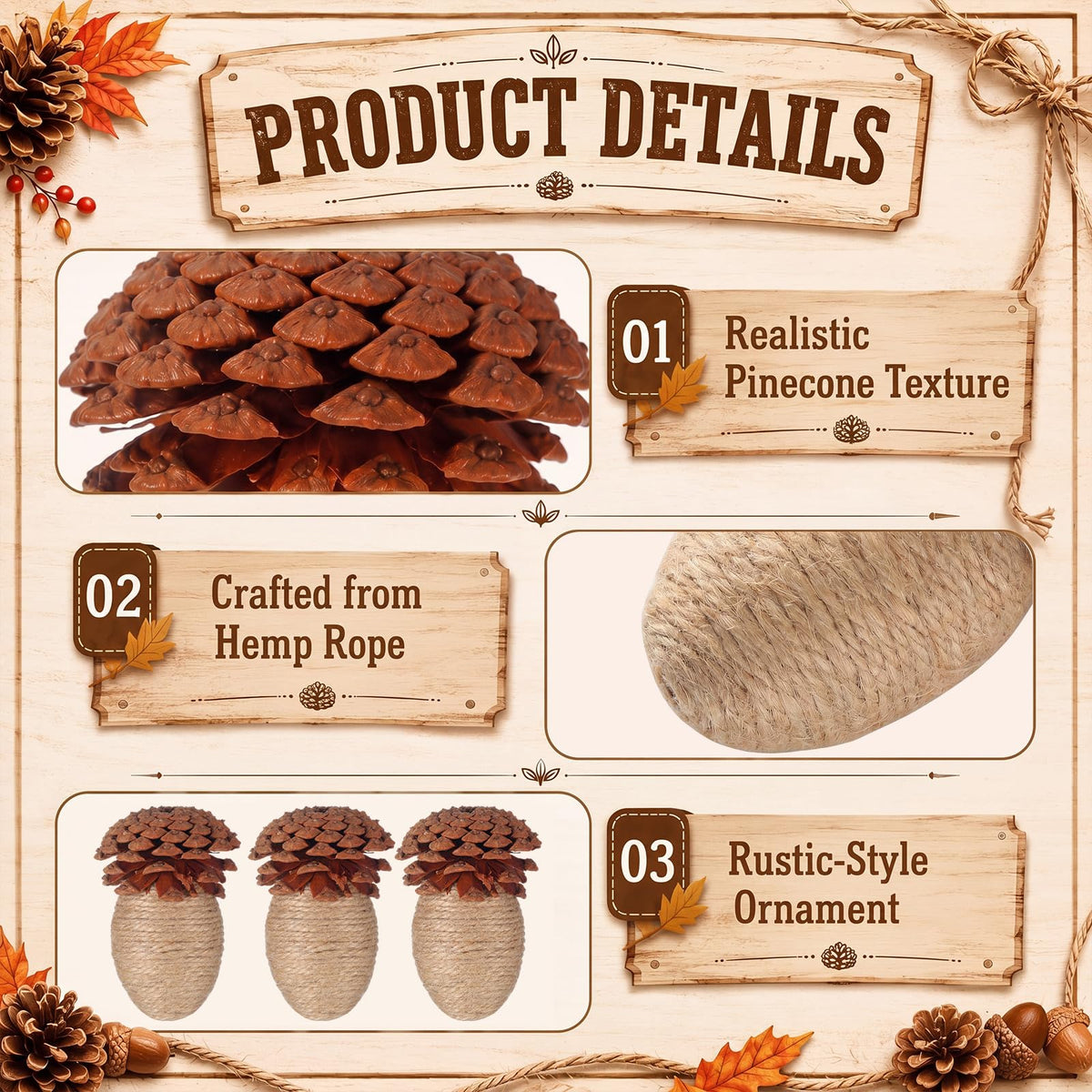 RattanView Jute Acorn Ornaments, Set of 6, Yellow and Brown