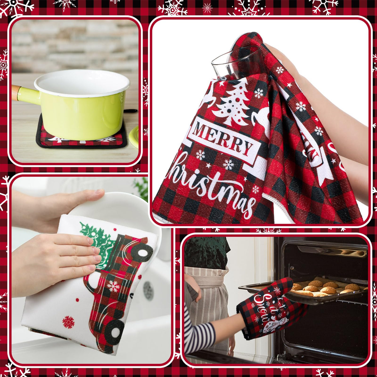 Bencailor Christmas Kitchen Linen Set, Red Truck Buffalo Plaid, 8 Pieces