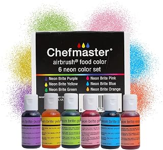 Chefmaster Neon Airbrush Kit - Airbrush Food Coloring - 6 Pack - Highly-Pigmented, Vibrant Colors, Works With Any Airbrush Tool, Fade-Resistant Colors - Made in the USA