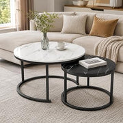 Nesting Tables For Living Room Round Coffee Table Marble Grain Circle Table With Gold Metal Frame, Space Saving Modern Mesa De Centro Para Sala For Apartment Lou E 70*46+50*41cm/27.6*18.1+19.7*16.1in