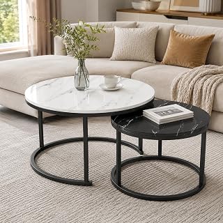 Nesting Tables For Living Room Round Coffee Table Marble Grain Circle Table With Gold Metal Frame, Space Saving Modern Mesa De Centro Para Sala For Apartment Lou E 70*46+50*41cm/27.6*18.1+19.7*16.1in