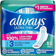 Always Ultra Thin Feminine Pads with Wings for Women, Size 3, Extra Long Super Absorbency, Unscented, Up to 100% Leak-Free Protection, 52 Count