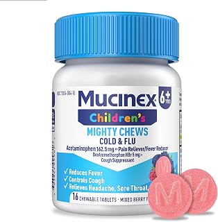 Mucinex Children's Mighty Chews Cold and Flu Medicine, Easy to Dose Children's Acetaminophen & Dextromethorphan, Kids Cough Medicine, Ages 6+, Mixed Berry Flavor, 16 Medicated Chewable Tablets