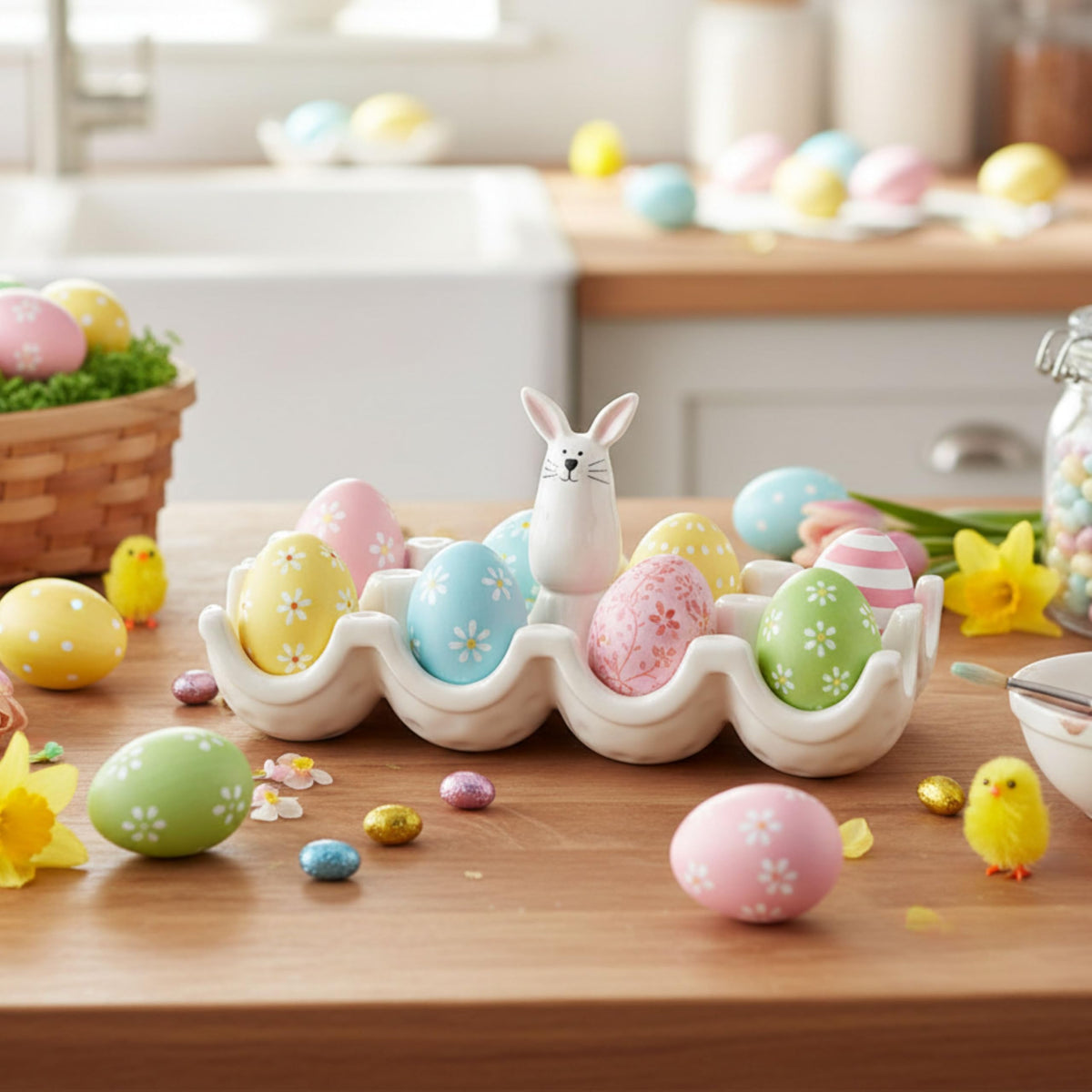 Bunny Egg Crate Serving Platter by 10 Strawberry Street – 8-section, Dolomite, White, Model EGGCRT-ORG-BUN