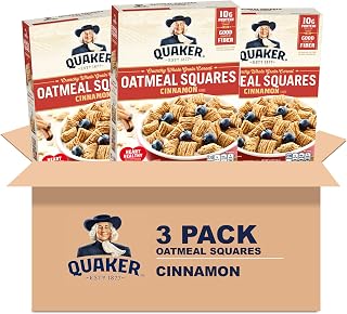Quaker Oatmeal Squares Crunchy Whole Grain Breakfast Cereal, Cinnamon, 14.5 Oz Boxes (Pack of 3)
