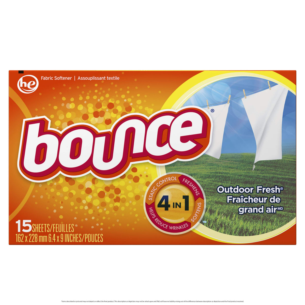 Outdoor Fresh Scented Fabric Softener Dryer Sheets by Bounce – 15 Count (Pack of 1), Multi color, Model 5071702