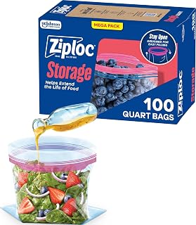 Ziploc Quart Food Storage Bags, Stand-Up Bottom, Easy to Fill, 100 Count