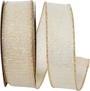 Reliant Ribbon Linen Glimmer Harmony Wired Edge, Ivory/Gold, 1-1/2 Inch, 10 Yards