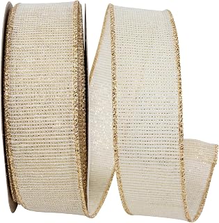 Reliant Ribbon Linen Glimmer Harmony Wired Edge, Ivory/Gold, 1-1/2 Inch, 10 Yards