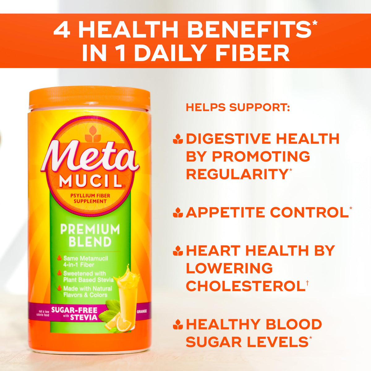 Premium Blend by Metamucil – Model Premium Blend, Daily Psyllium Fiber Powder Supplement, 4-in-1 Fiber for Digestive Health, Sugar-Free with Stevia, Plant Based Fiber, Orange