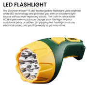 GoGreen Power () 15 LED Rechargeable Flashlight by Power By GoGreen – 1 EA, Plastic, Yellow/Green, Model GG-113-15RC